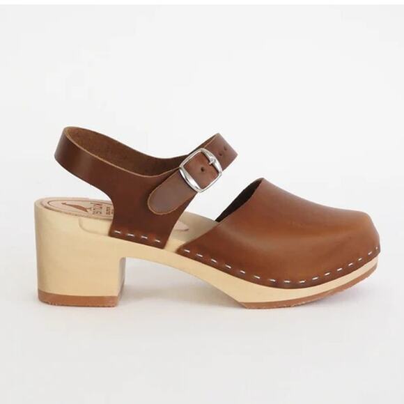 Kurier Charlie Mary Jane Clogs Leather High Heel Block Heel Wooden, Pecan Brown - Picture 1 of 14